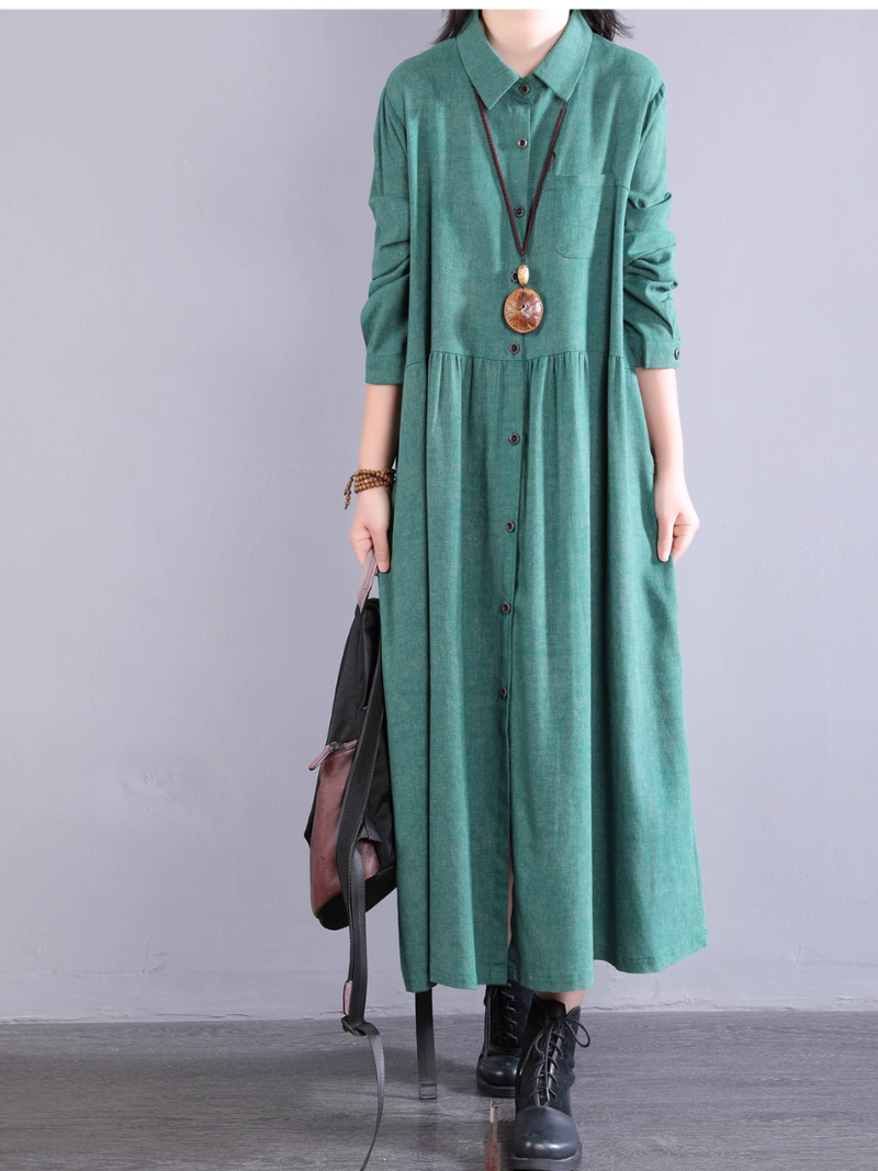 Robe chemise en coton coupe trapèze avec poches, midi à col 