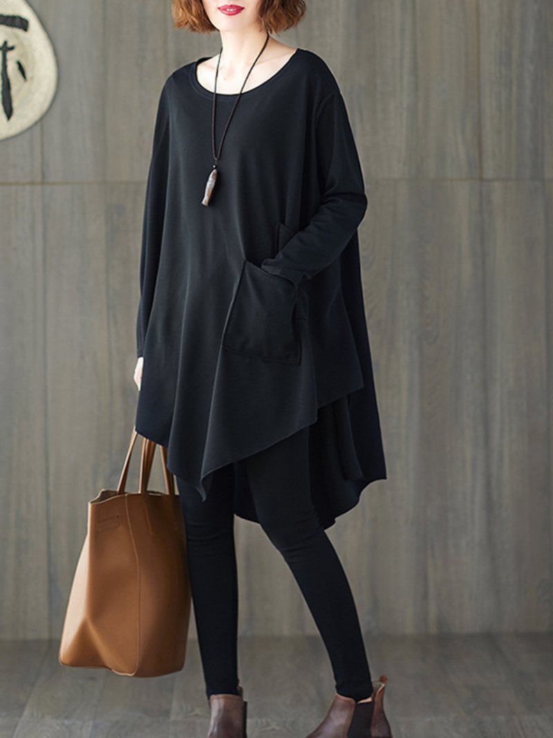 Asymmetrical Oversized Tunic Top with Sculpted Pockets in Black Polyester