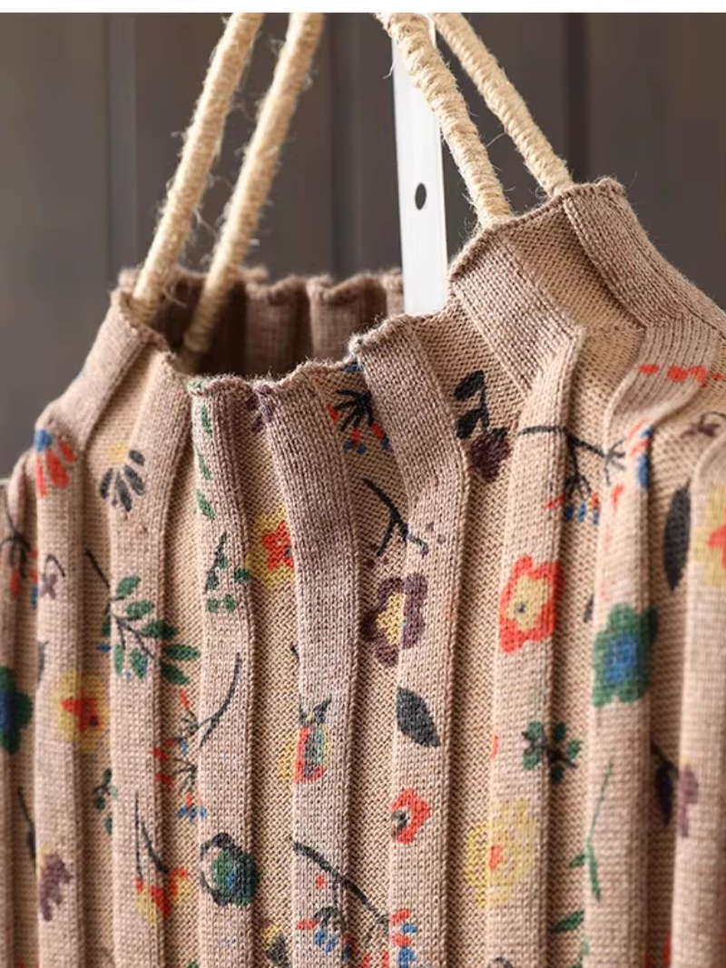 Ditsy Floral Pintuck Knit Sweater Dress, Mock Neck Cotton Blend Elegance