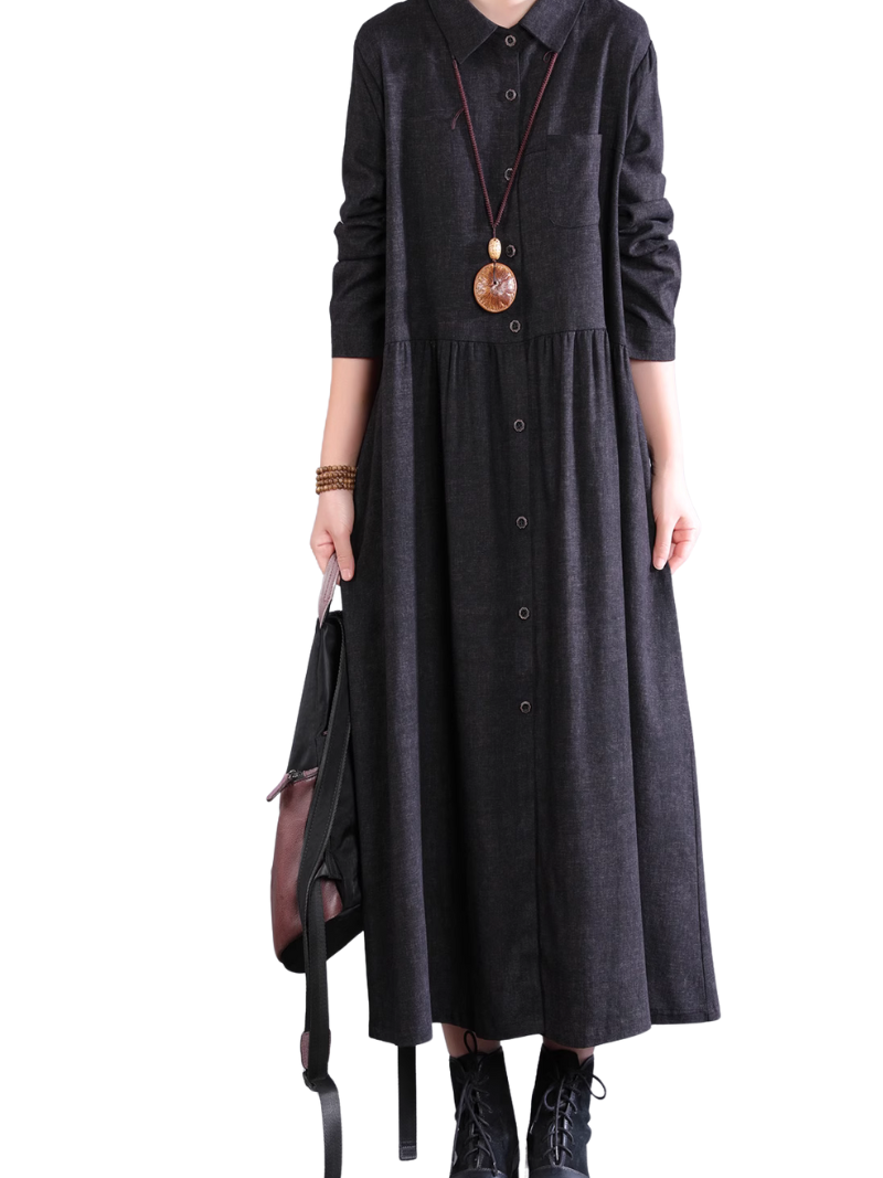 Robe chemise en coton coupe trapèze avec poches, midi à col 