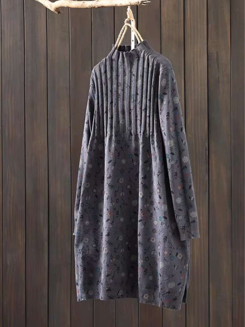 Ditsy Floral Pintuck Knit Sweater Dress, Mock Neck Cotton Blend Elegance