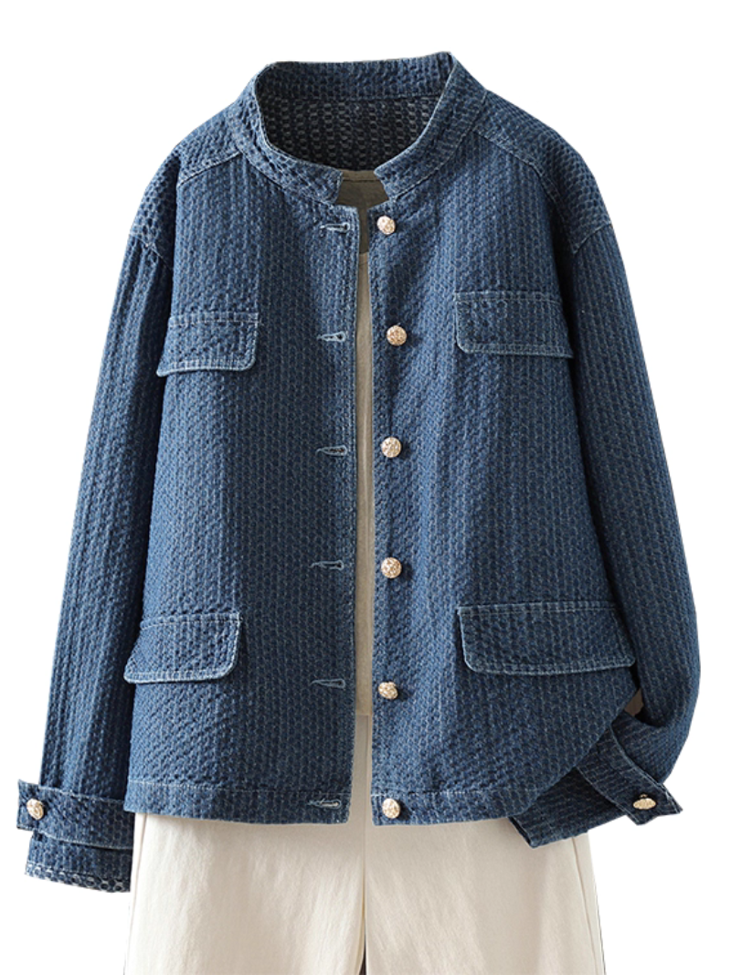 Textured Denim Cotton Women’s Denim Jacket with Gold Buttons, Relaxed Shacket