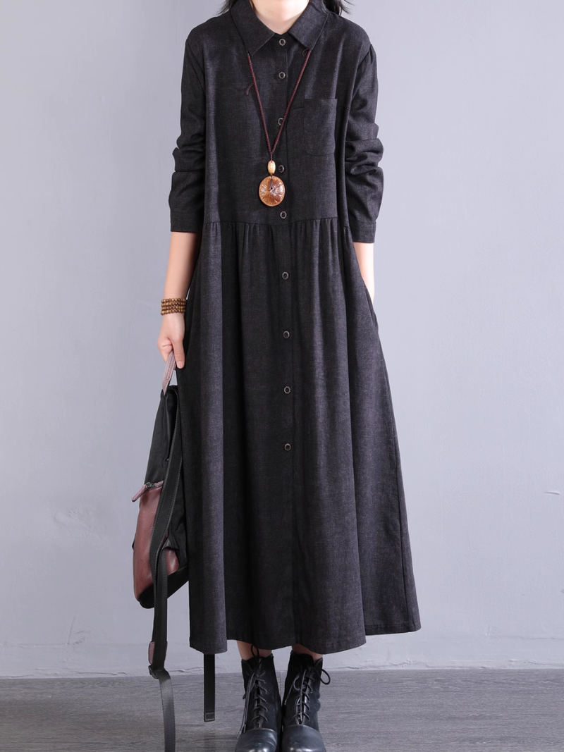 Robe chemise en coton coupe trapèze avec poches, midi à col 