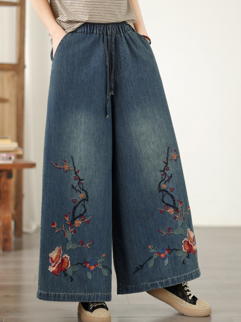 Embroidered Denim Cotton Wide-Leg Palazzo Pants for Effortless Chic Style