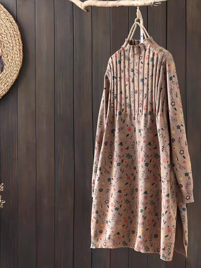 Ditsy Floral Pintuck Knit Sweater Dress, Mock Neck Cotton Blend Elegance