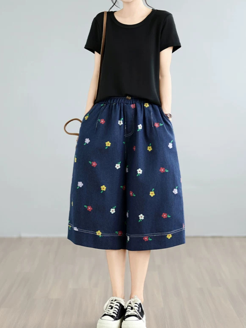 Weekend Ease Denim Culottes — Playful Floral, Effortless Fit and Confidence