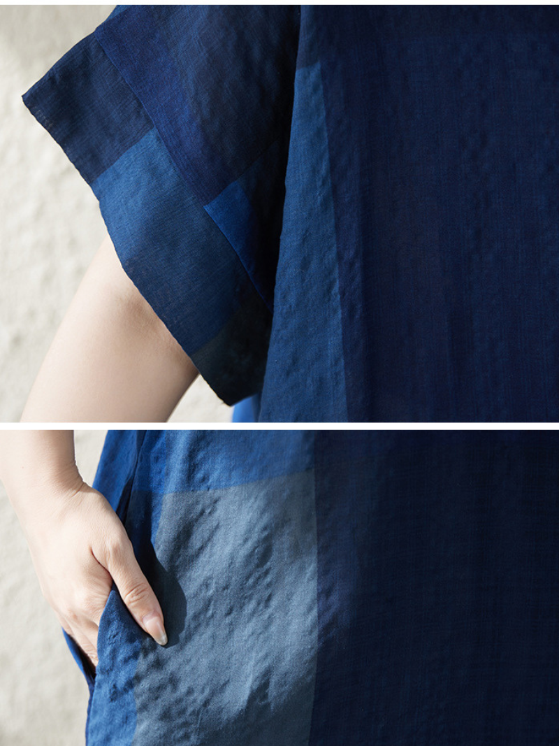 Artful Patchwork Linen Dress in Relaxed Midi Silhouette with Pockets