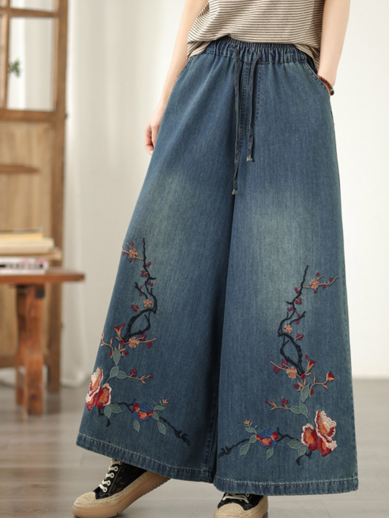 Embroidered Denim Cotton Wide-Leg Palazzo Pants for Effortless Chic Style