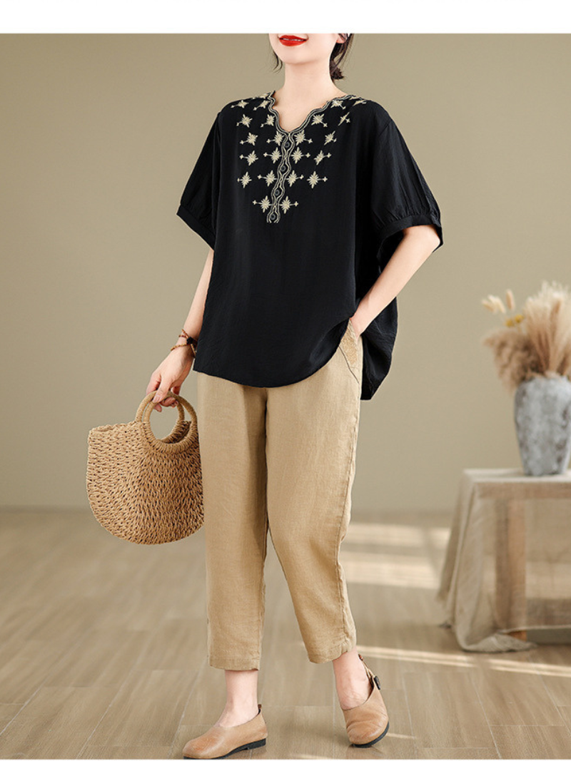 Embroidery Black Loose T-Shirt Tops