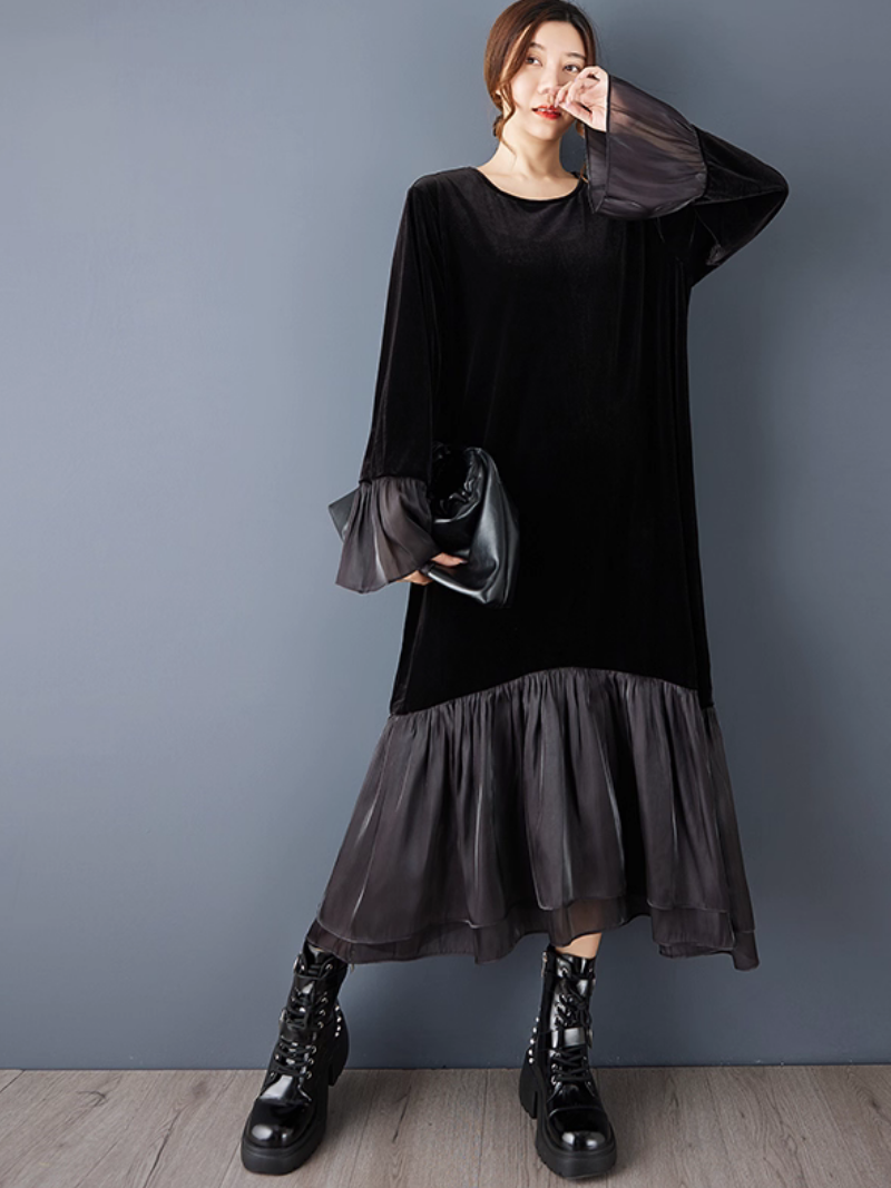 Velvet Ruffle Midi Dress for Women