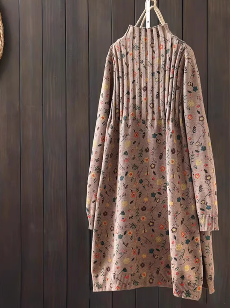 Ditsy Floral Pintuck Knit Sweater Dress, Mock Neck Cotton Blend Elegance