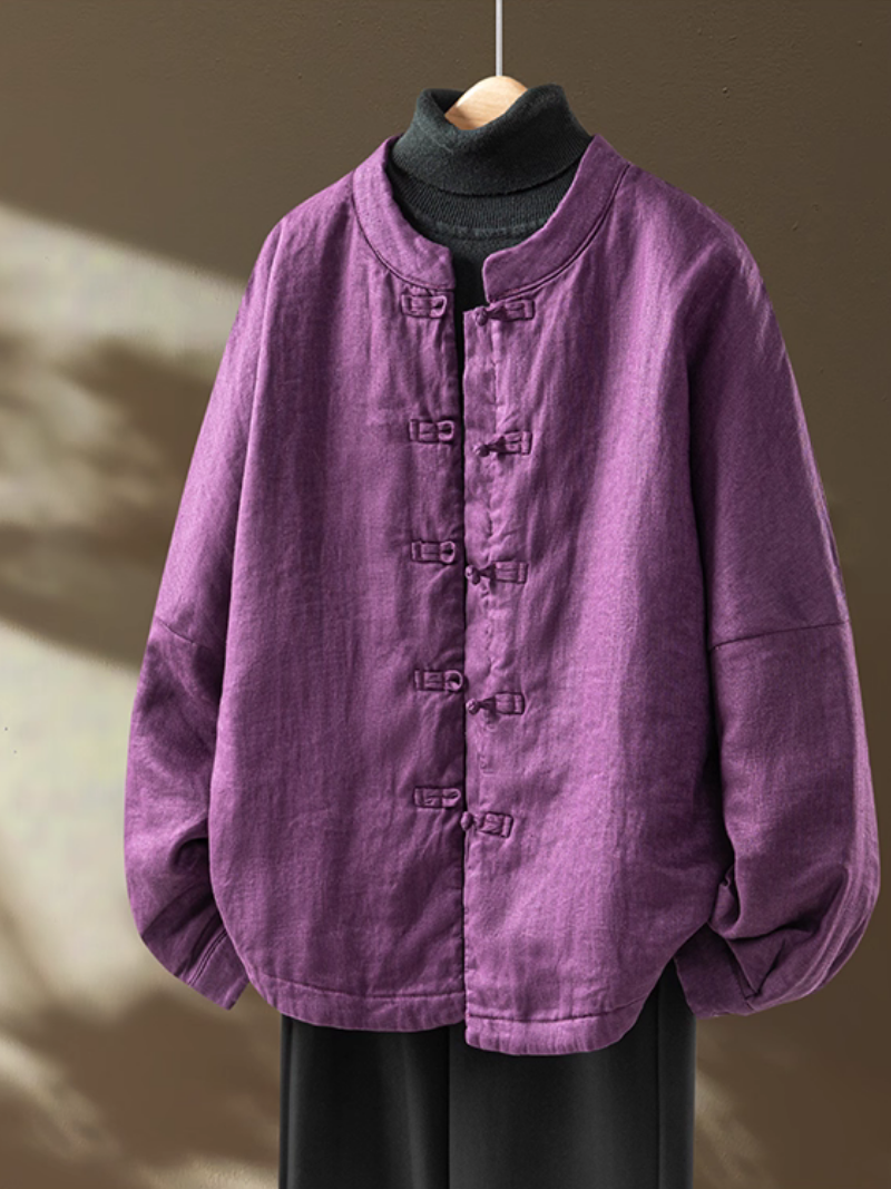 Chic Mandarin-Collar Cotton-Linen Frog-Button Women’s Jacket with Relaxed Oversized Silhouette