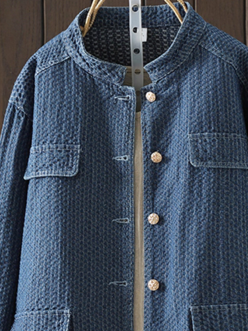 Textured Denim Cotton Women’s Denim Jacket with Gold Buttons, Relaxed Shacket