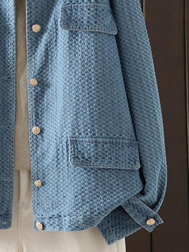 Textured Denim Cotton Women’s Denim Jacket with Gold Buttons, Relaxed Shacket