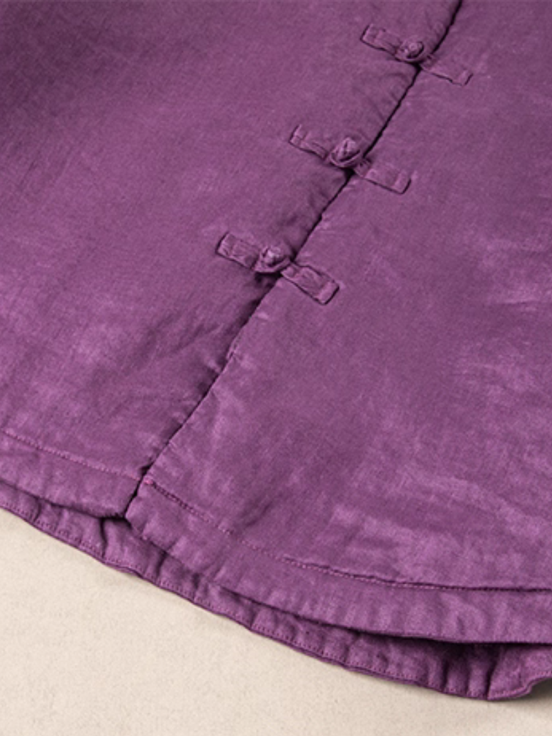 Chic Mandarin-Collar Cotton-Linen Frog-Button Women’s Jacket with Relaxed Oversized Silhouette