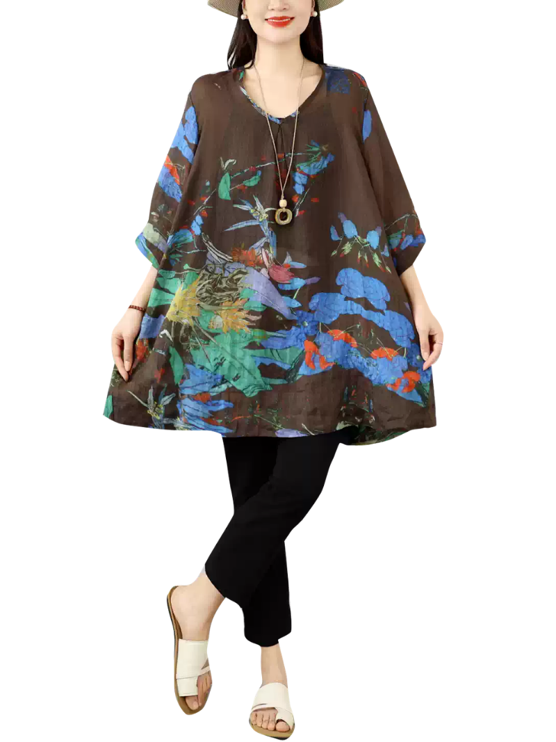 Breezy Weekend Tunic for Effortless Elegance — Linen Blend, Artistically Printed