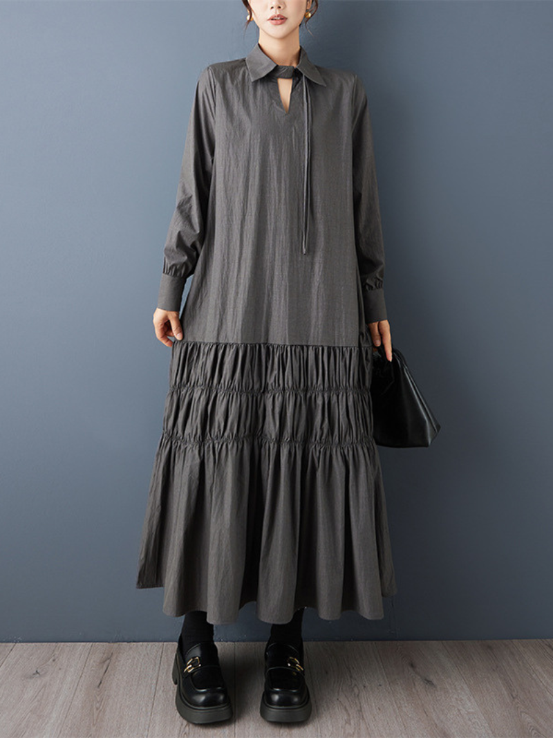 Chic Collared Tiered Maxi Dress with Tie Neck and Ruched Hem