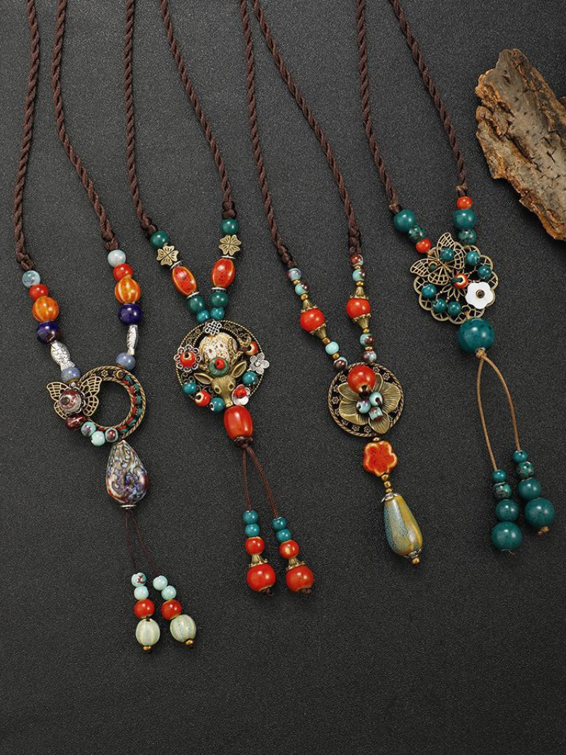 Chine esthétique de style ethnique Chaîne Rétros Retro Retro tissé de style chinois Collier en céramique Pendentif