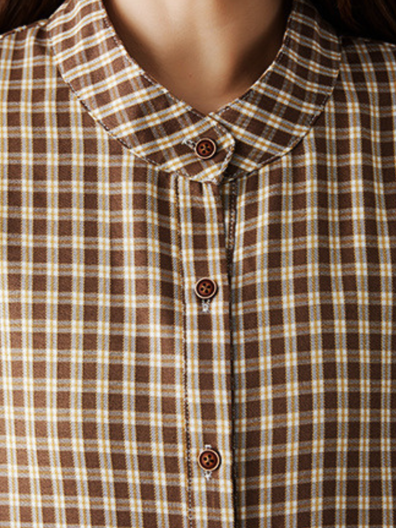 Gingham Cotton-Linen Midi Shirt Dress with Pockets and Gentle Volume