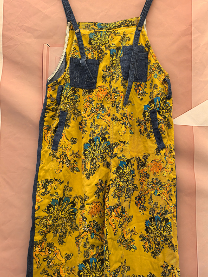 Boho Vintage Print Dungarees with Denim Panels - Cropped Loose Overalls