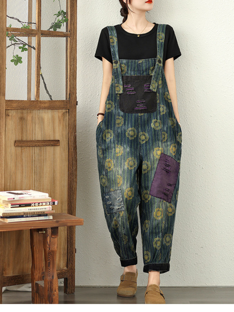 Denim floral décontracté et tendance des femmes Dungaree dans l'ensemble