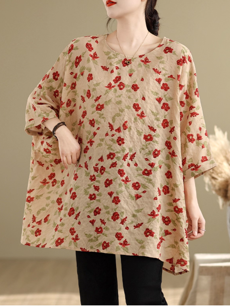 Artful Floral Tunic Blouse in Cotton&Flax with Batwing Draping