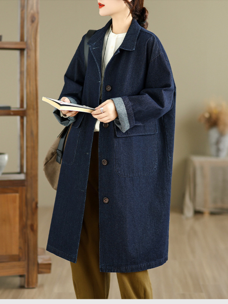 Artfully Relaxed Long Denim Cotton Coat with Notched Collar, Patch Pockets
