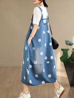 Polka Dot Denim Dress in Cotton, Relaxed A-Line Pinafore Midi