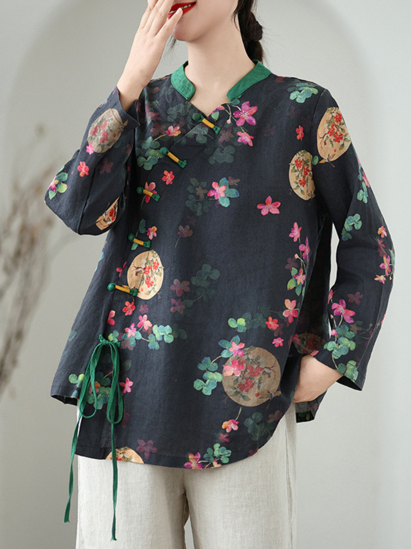 Artisanal Cotton-Linen Floral Blouse with Mandarin Collar and Wrap Detail