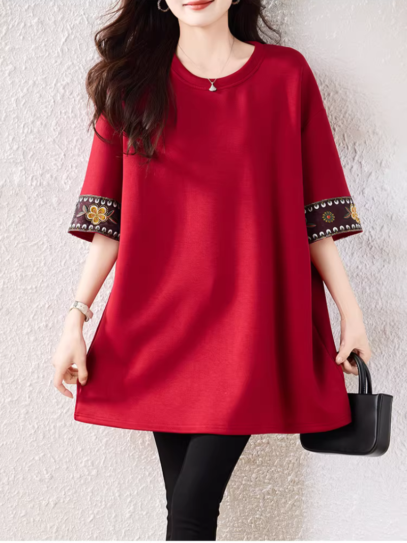 Embroidered Sleeve A-Line Tunic Top for Effortless Chic Everyday Style
