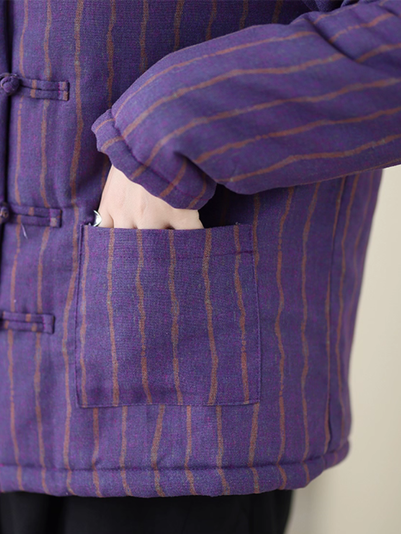 Heritage-inspired striped cotton jacket with mandarin collar, elegant women's outerwear