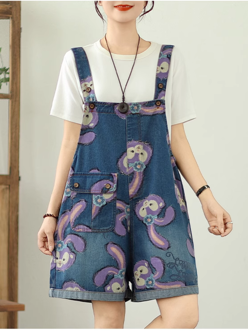 Cartoon Style Printed Denim Short Overalls for Women | Eva Trends