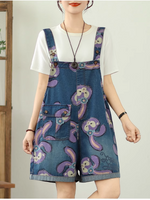 Cartoon Style Printed Denim Short Overalls for Women | Eva Trends