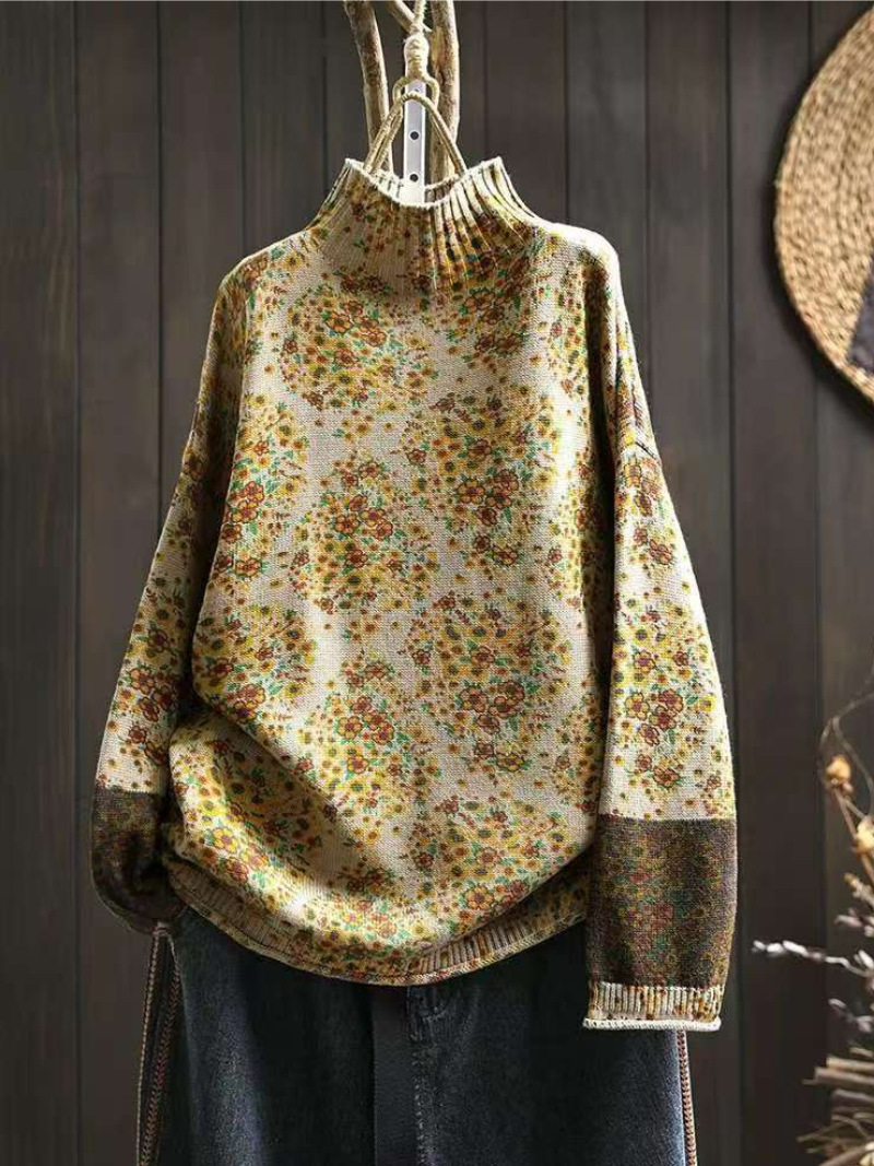 Women’s Floral Print Half Turtle Neck Knit Sweater
