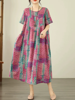Artisanal Boho Midi Dress in Cotton Linen Blend, Relaxed Painterly Print