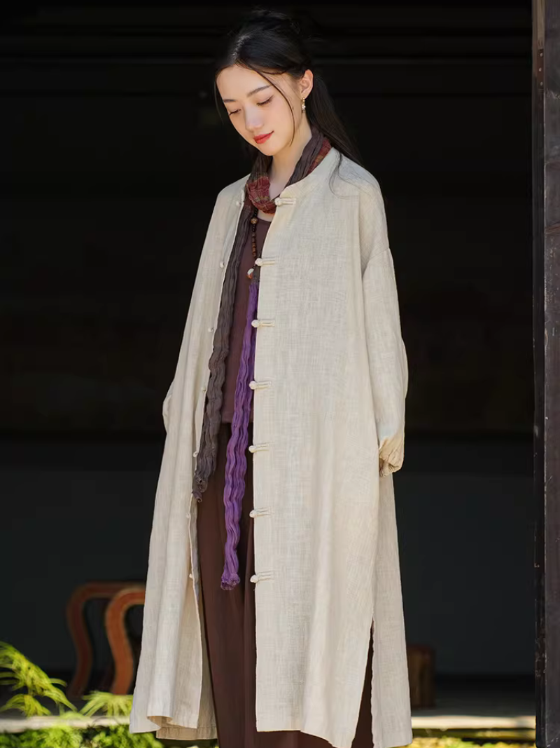 Chic Cotton Linen Mandarin-Collar Duster Coat with Frog Closures, Timeless Elegance