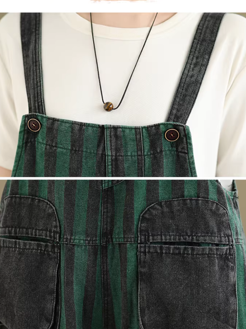 Chic striped cotton-blend harem overalls with patch pockets for women