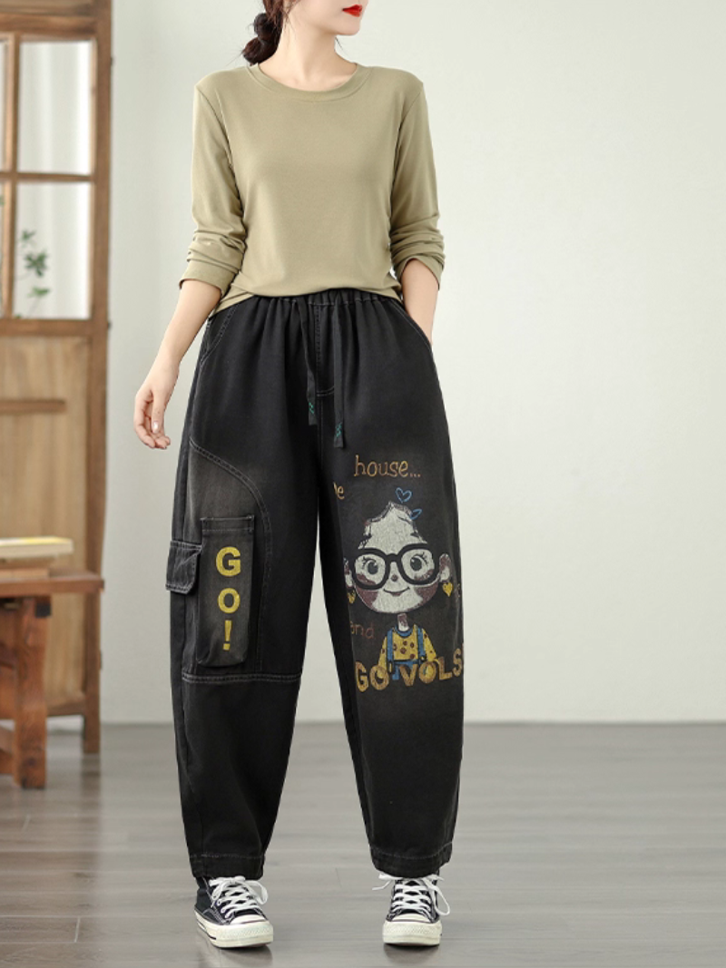 Playful Graphic Relaxed Women's Denim Pants with Elastic Waist and Pockets