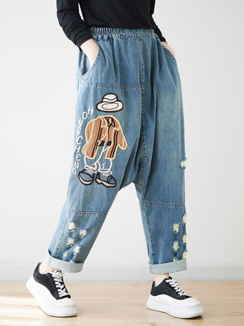 Jeans de broderie de dessins animés élégants pour femmes en bas en vrac