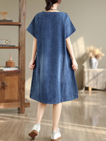 Relaxed Curved-Hem Denim Dress with Patch Pockets in Cotton A-Line
