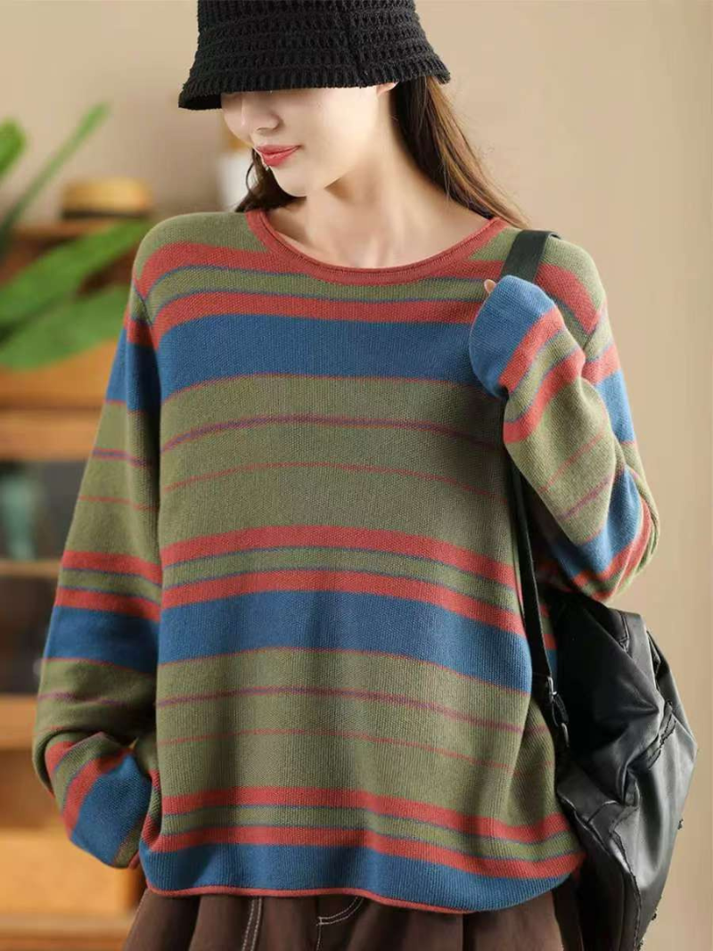 Women’s Retro Stripe Cotton Knit Pullover Sweater