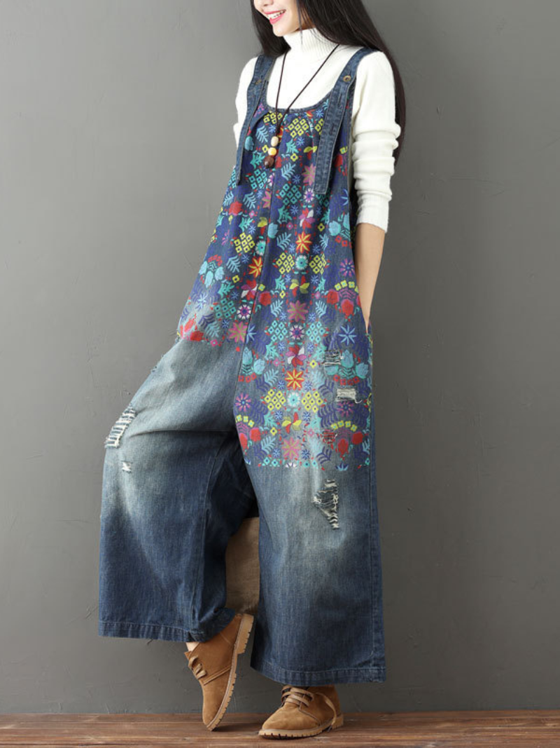 Women's Clothing Printed Jeans White Holes Wide Leg Overalls Dungarees
