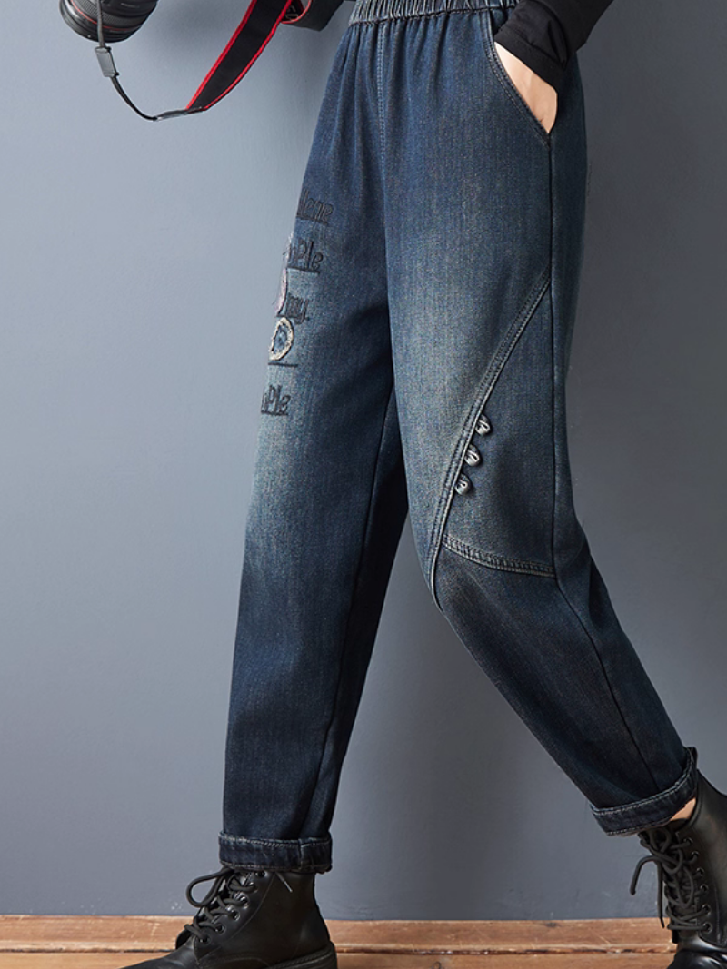 Artful Patchwork Denim Jogger Fleece-lined Jeans with Embroidery and Elastic Waist