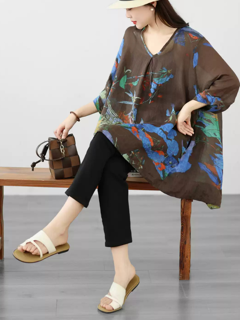 Breezy Weekend Tunic for Effortless Elegance — Linen Blend, Artistically Printed