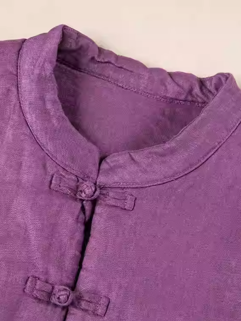 Chic Mandarin-Collar Cotton-Linen Frog-Button Women’s Jacket with Relaxed Oversized Silhouette