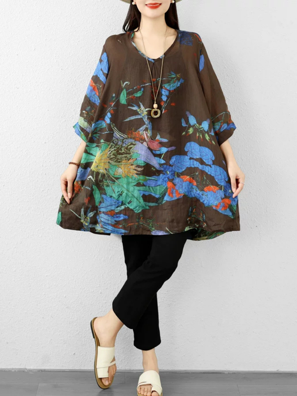 Breezy Weekend Tunic for Effortless Elegance — Linen Blend, Artistically Printed