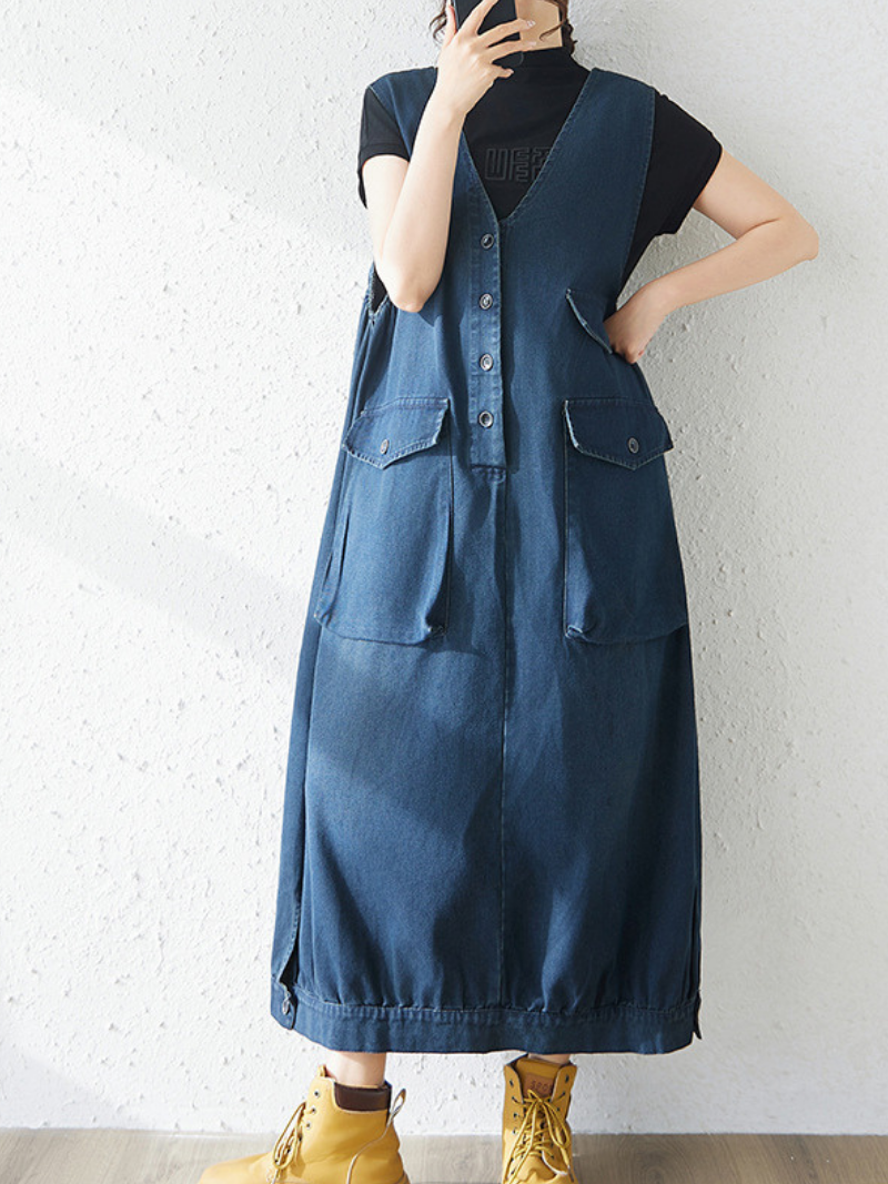 Minimal Utility Denim Dress with Pockets, Sleeveless V-Neck Midi Silhouette