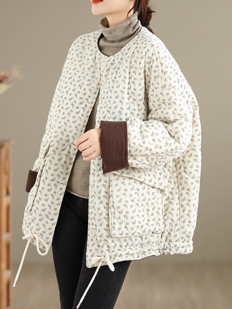 Quilted Corduroy Jacket with Patch Pockets, Round Neck and Drawstring Hem