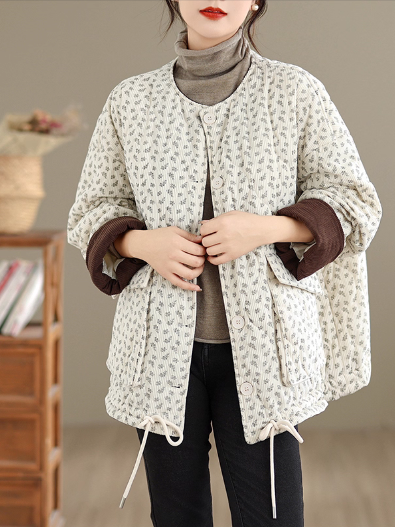 Quilted Corduroy Jacket with Patch Pockets, Round Neck and Drawstring Hem