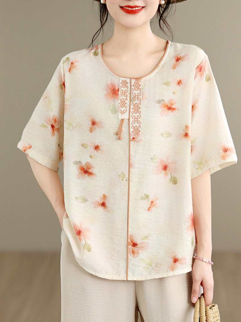 Sunlit Brunch Floral Blouse — Breathable Cotton-Linen, Effortlessly Polished Everyday Comfort